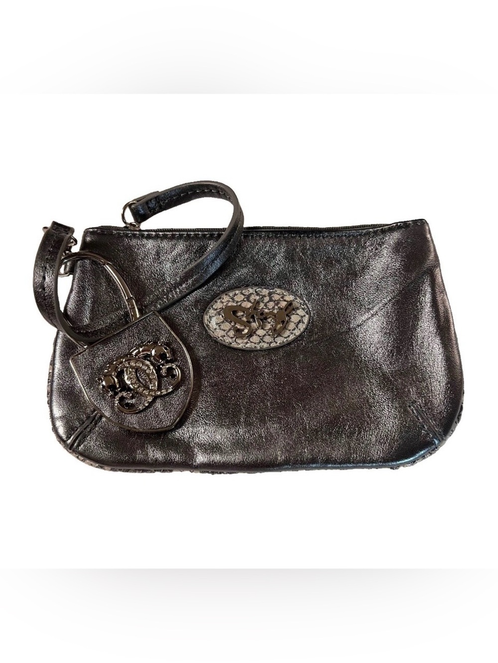 Sharif Genuine Leather Wristlet w/ Panther King Ring Metallic Silver Used Once